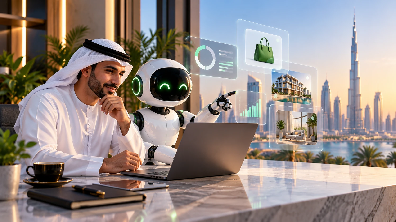 A business owner reviewing AI-assisted advertising results on a laptop, with campaign panels and a Dubai skyline behind.