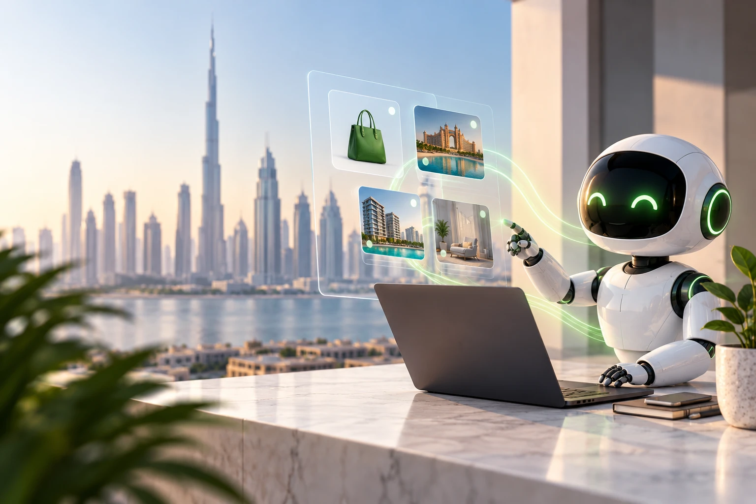An AI assistant surfacing product and property suggestions on screen, set against the Dubai skyline.