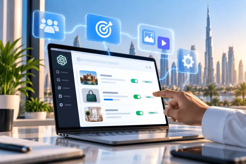 A campaign management screen listing ad creatives with on and off toggles and targeting controls.