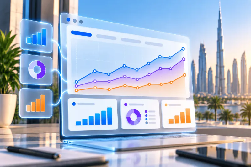 A performance dashboard showing three rising trend lines with supporting bar and donut charts.