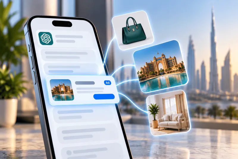 A sponsored result marked Ad appearing inside an AI assistant conversation on a phone, linking to products and properties.